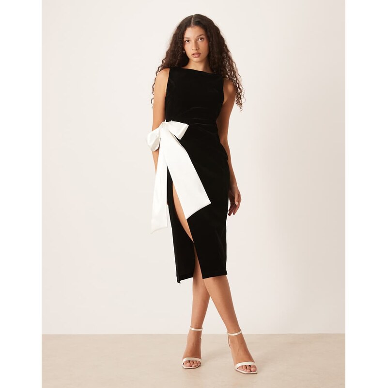 Hope & Ivy midi dress with contrast satin bow in black