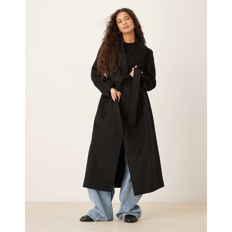 Mango wool mix longline tie waist coat in black