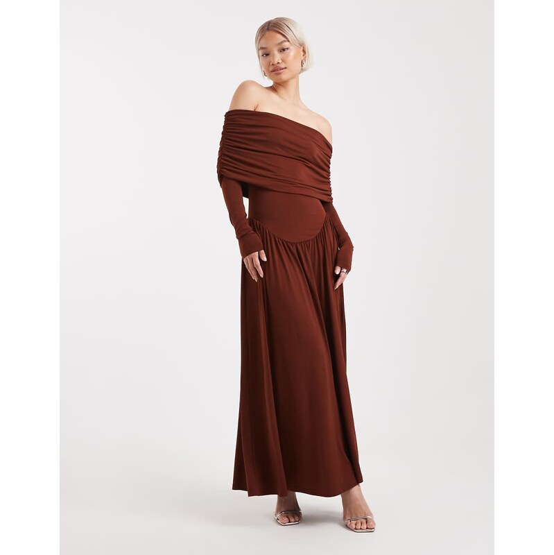 WeWoreWhat ruched bardot midi dress in burgundy-Red