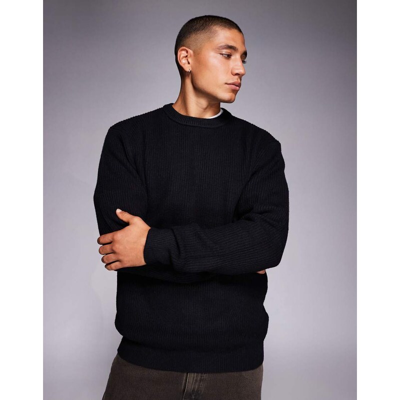 River Island ribbed crew neck jumper in black