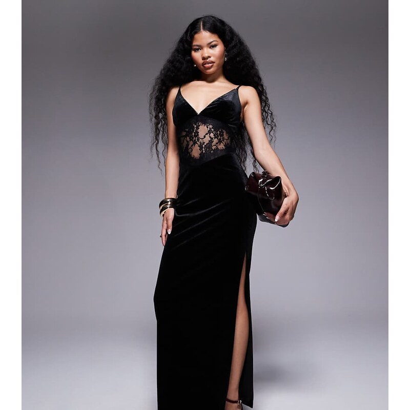 TFNC Petite plunge neck maxi dress with lace insert in black