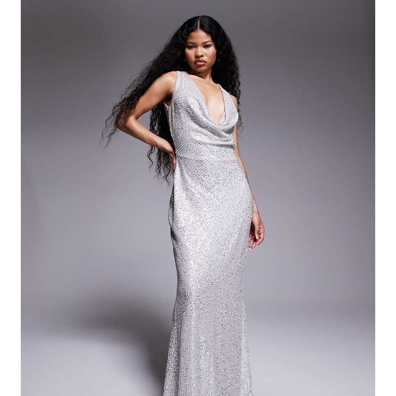 TFNC Petite cowl neck maxi dress with open back in silver sequin
