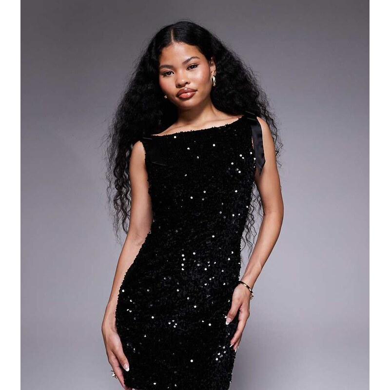 TFNC Petite premium mini dress with v-back and shoulder bows in