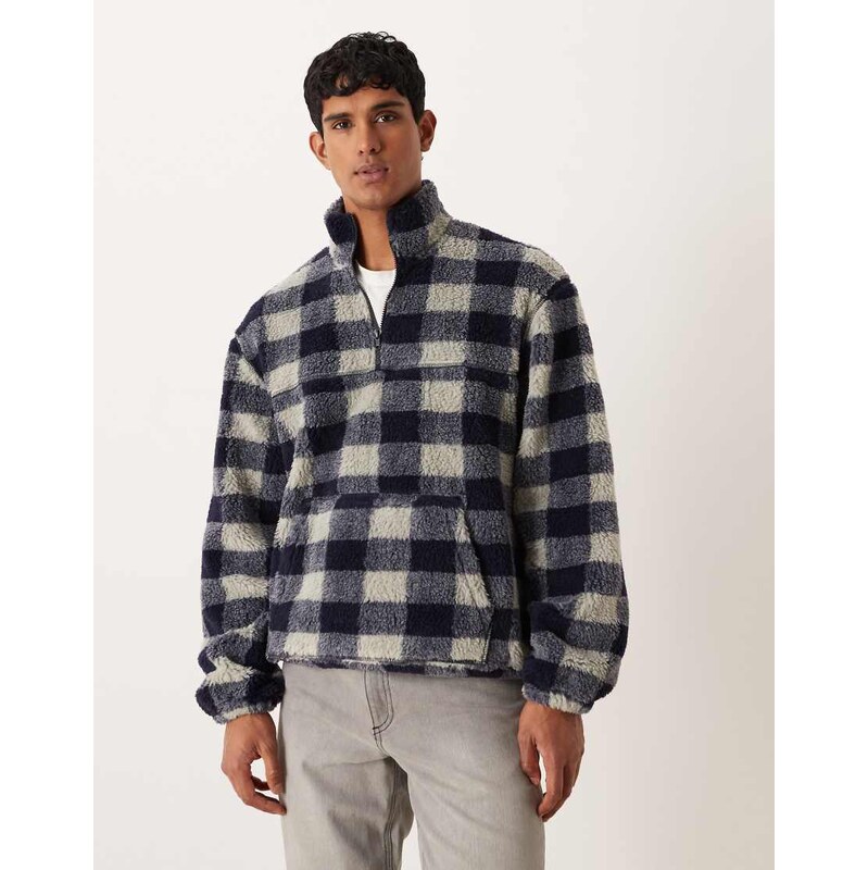 ASOS DESIGN relaxed quarter zip borg sweatshirt with check print