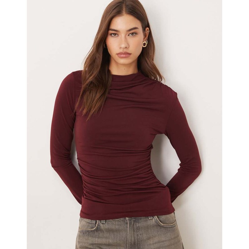 Mango asymmetric long sleeve top in burgundy-Red 115708621