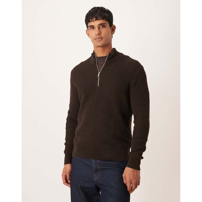 Mango cotton ribbed quarter zip in brown