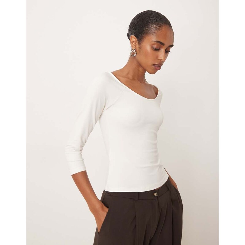 Mango v neck off shoulder long sleeve top in white