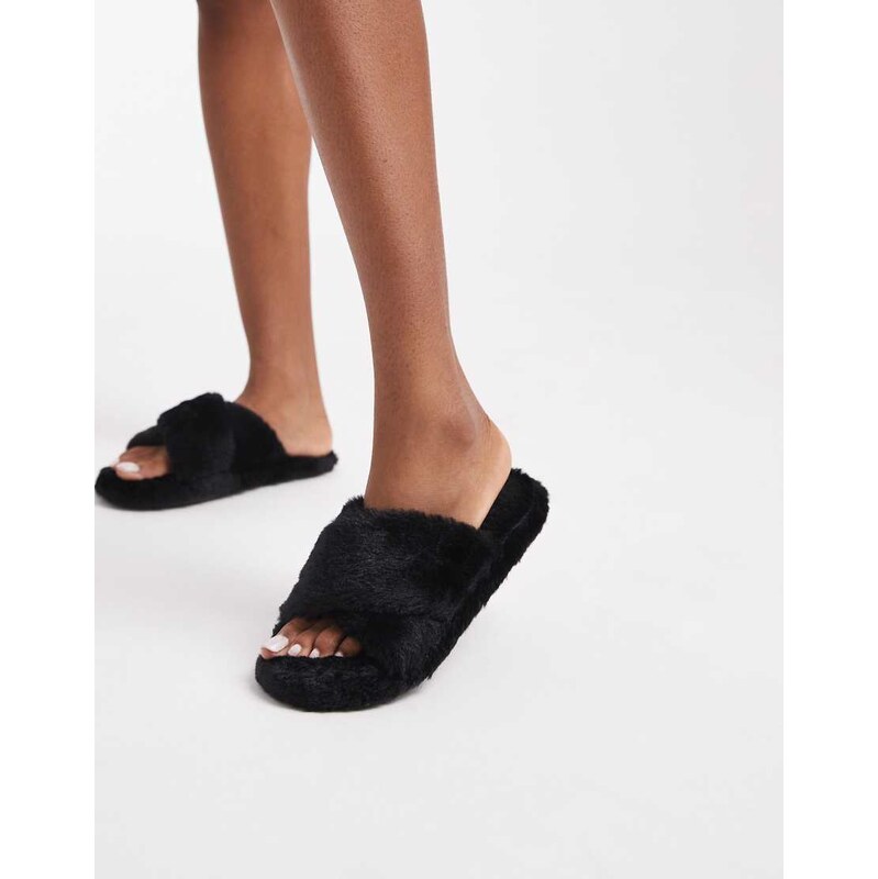 Brave Soul faux fur slider slippers in black