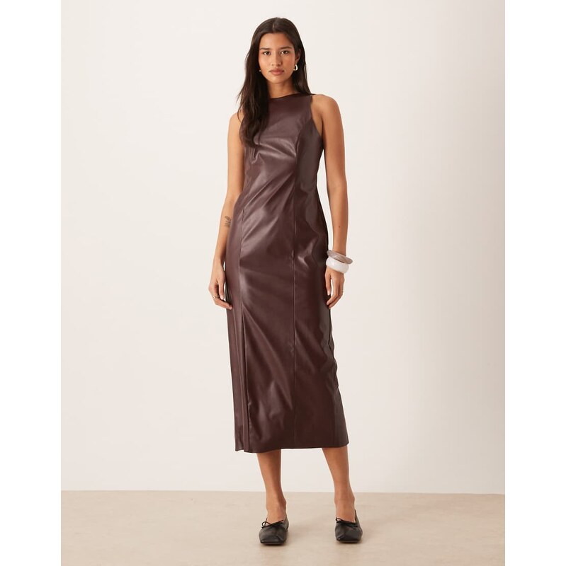 ASOS DESIGN racer back pu midi dress in chocolate-Red
