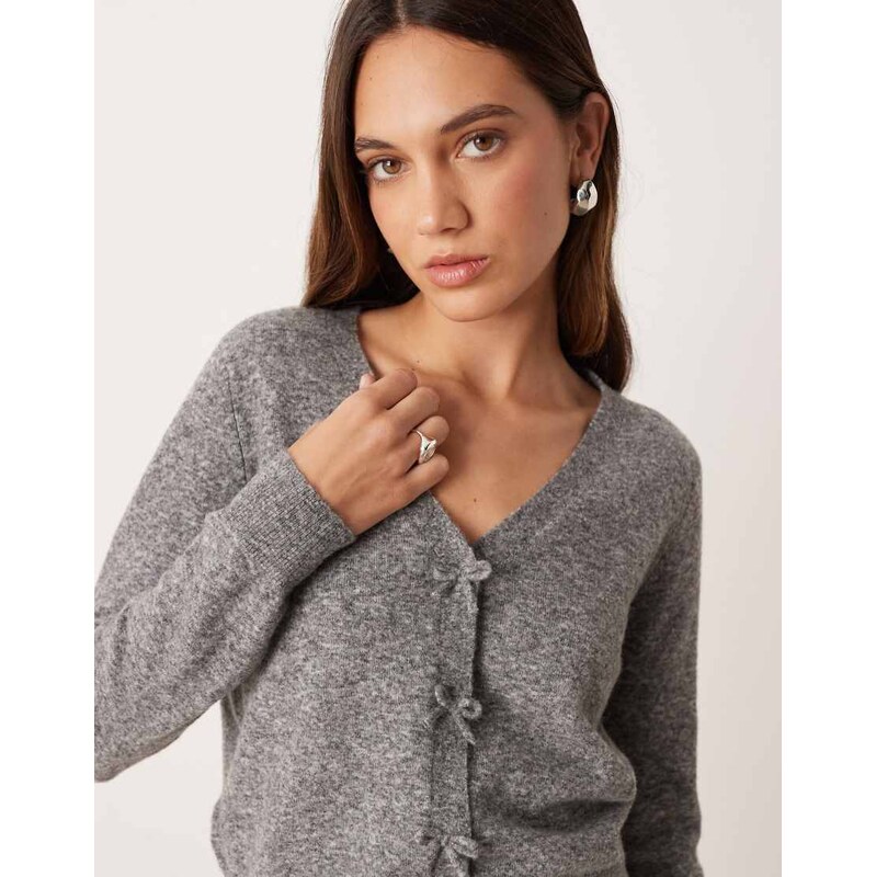 Mango wool mix bow detail cardigan in grey
