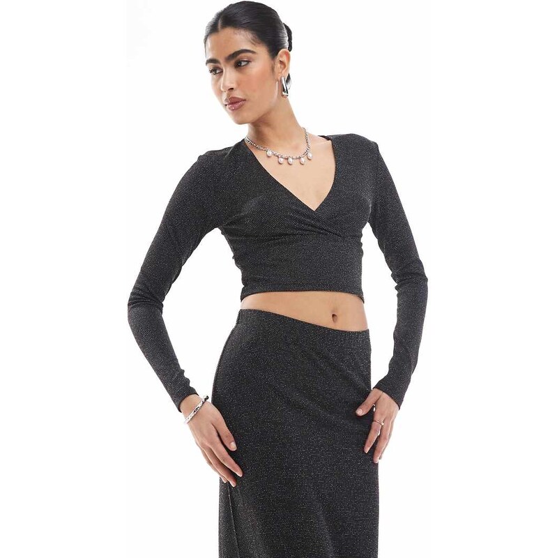 Vero Moda mix & match cross front top co-ord in black glitter