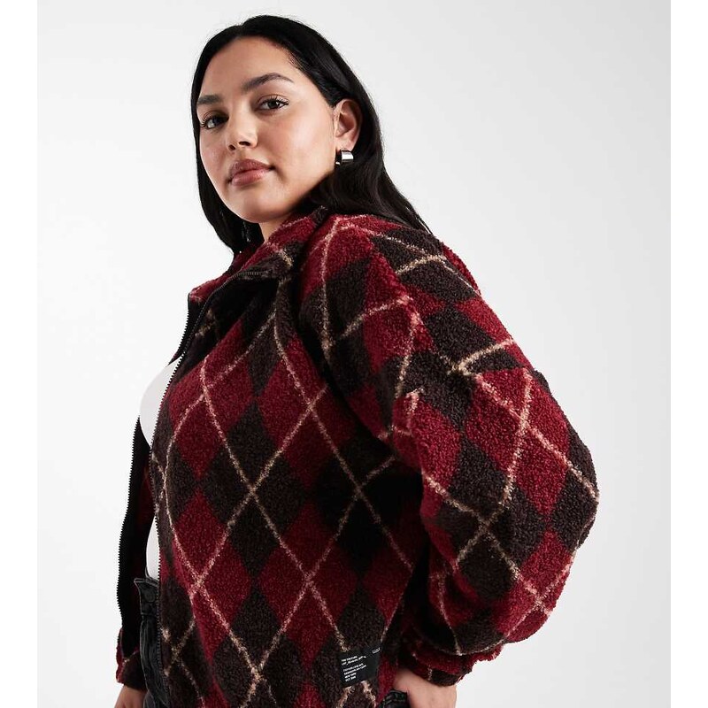 ONLY Curve zip through teddy fleece in burgundy checks-Red
