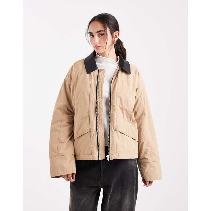 Object water repellent lightly padded barn jacket with faux leather 109042544