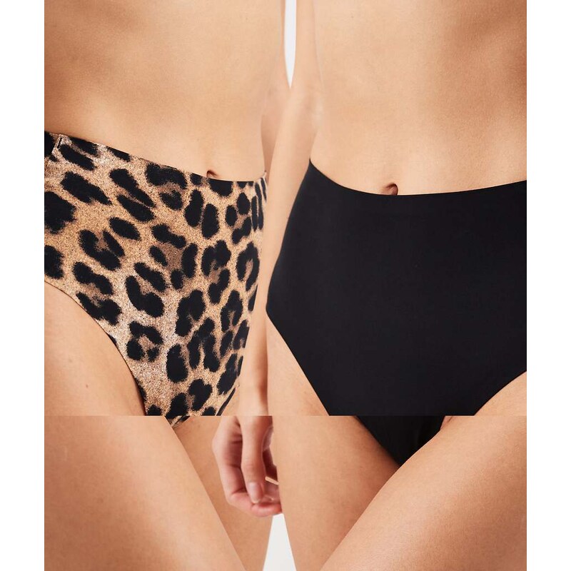 Vero Moda 2 pack high waisted thong in black and leopard-Multi 109042576