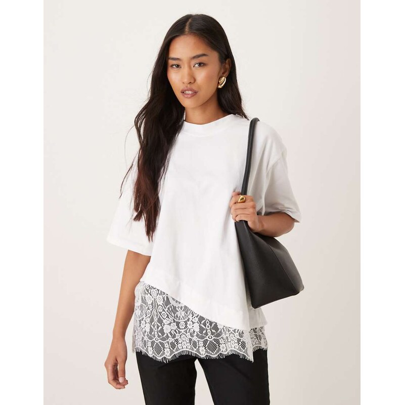 ASOS DESIGN short sleeve t-shirt with lace hem in white