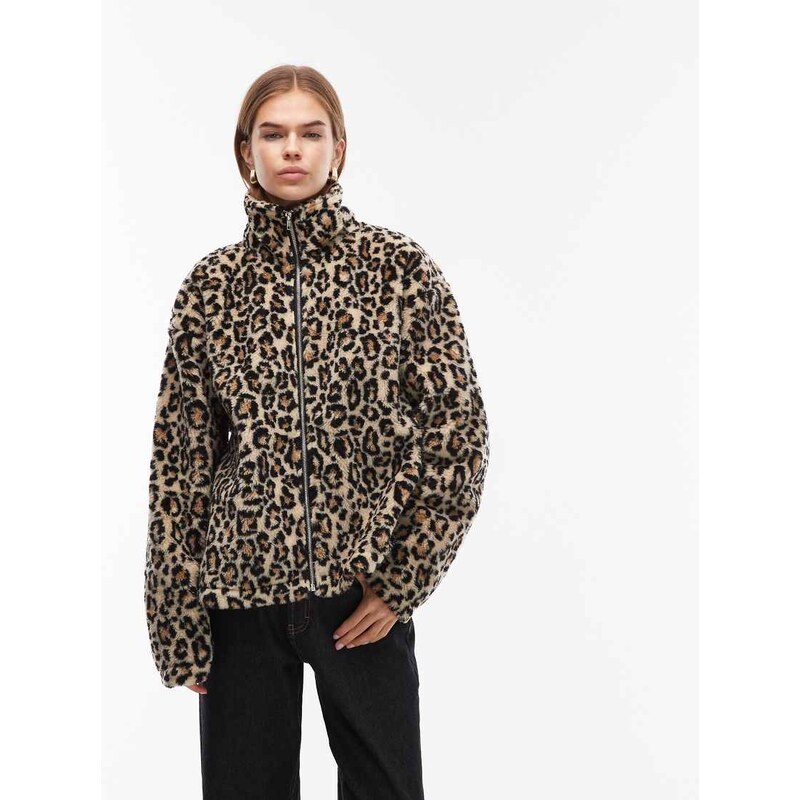 ASOS DESIGN funnel neck zip through borg fleece in leopard print-Brown 109067457