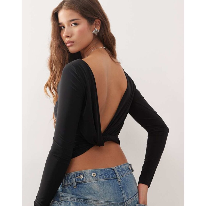 COLLUSION slash neck top with twist back detail in blue