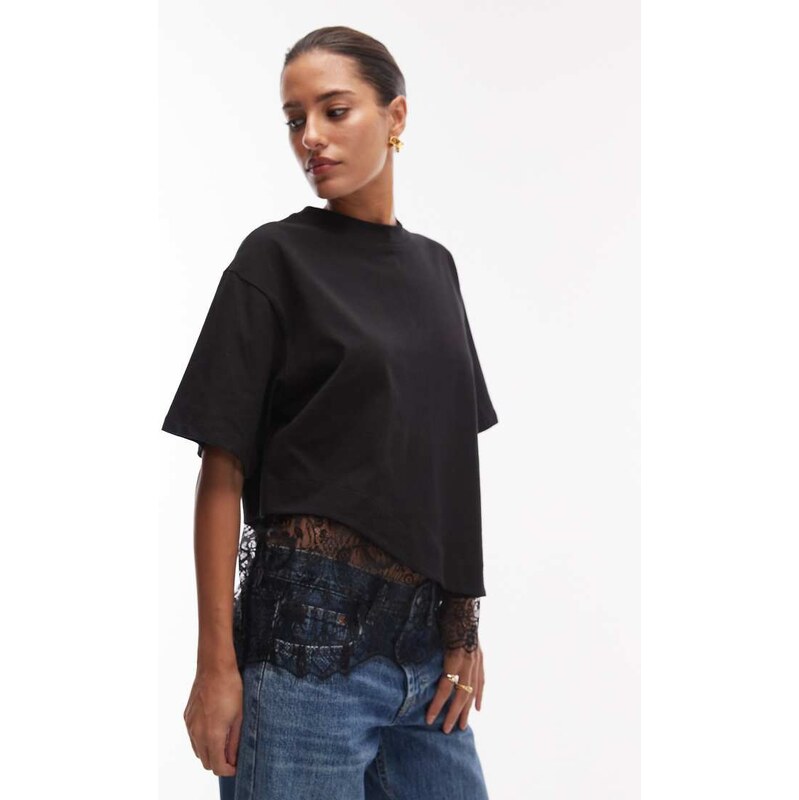 ASOS DESIGN short sleeve t-shirt with lace hem detail in black