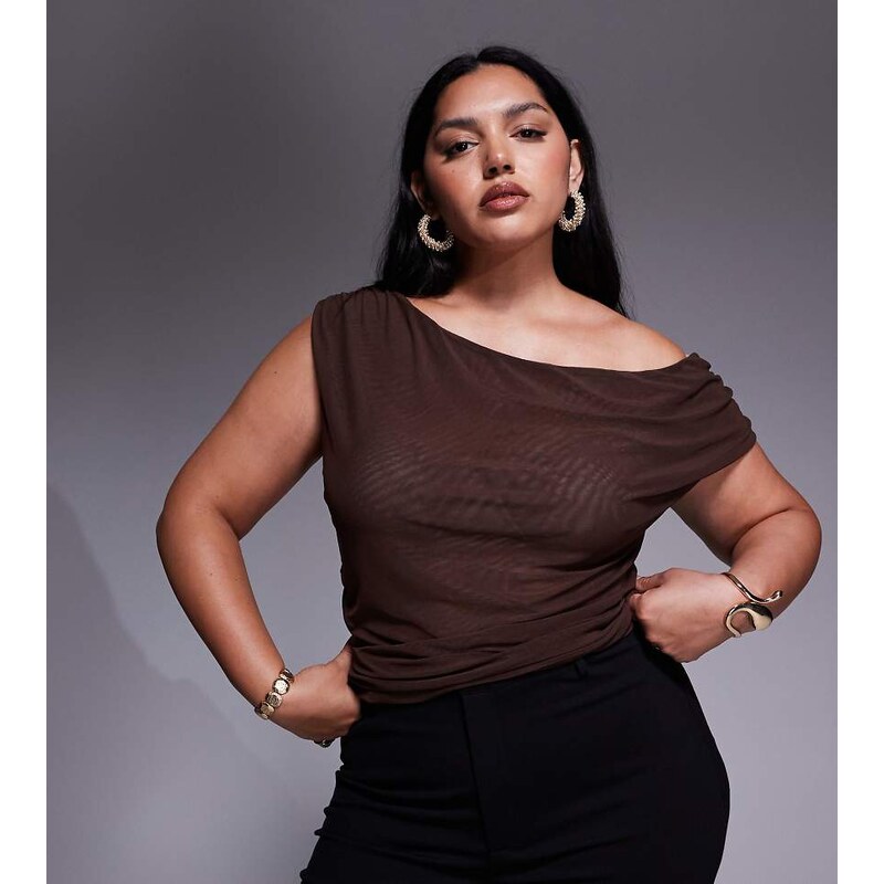 ASOS Curve ASOS DESIGN Curve mesh ruched asymmetric top in chocolate 109067489