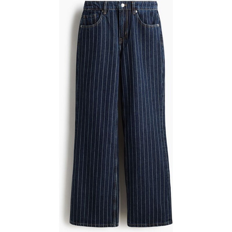 H&M - Wide High Jeans - Tmavý Denim Blue/Úzký Proužek
