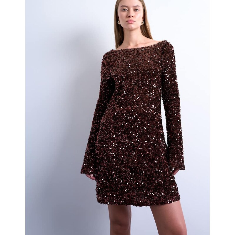 Topshop longsleeve cowl back mini sequin velvet dress in