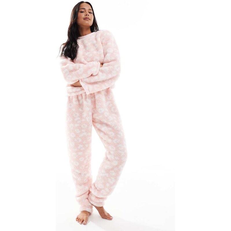 Loungeable cosy sherpa twosie nightwear set in pink leopard 109464814