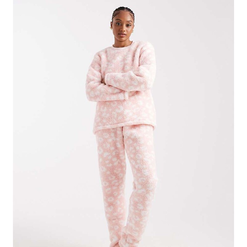 Loungeable Tall cosy sherpa twosie nightwear set in pink leopard 109369241