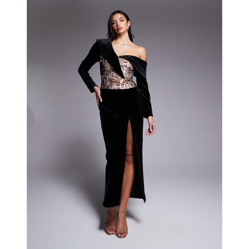 ASOS LUXE velvet midi dress with jacquard corset in black 109353688