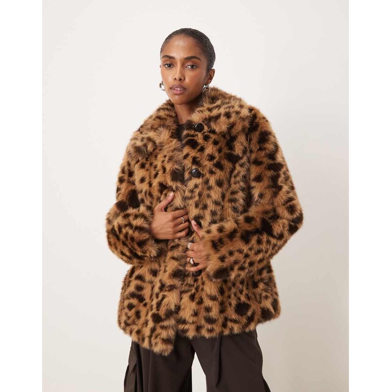 Mango faux fur jacket in leopard print-Brown