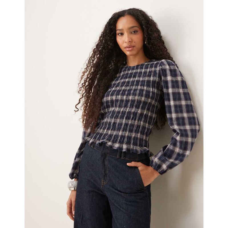 JDY ruched detail long sleeve blouse in blue gingham 109607141