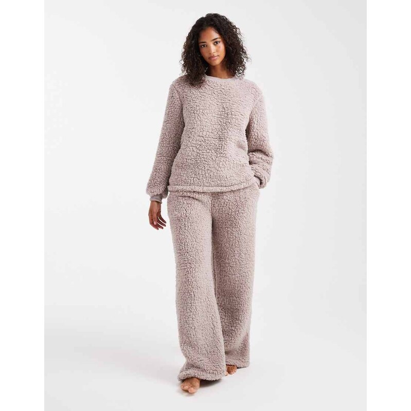 Loungeable cosy sherpa twosie wide leg trouser and sweat nightwear set 109405063