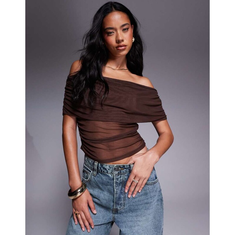 ASOS DESIGN mesh fold over ruched off shoulder top in chocolate