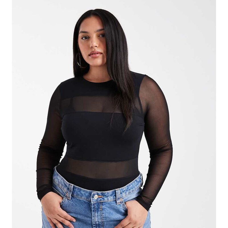 ASOS Curve ASOS DESIGN Curve mesh mix mesh panel long sleeve bodysuit 109067326