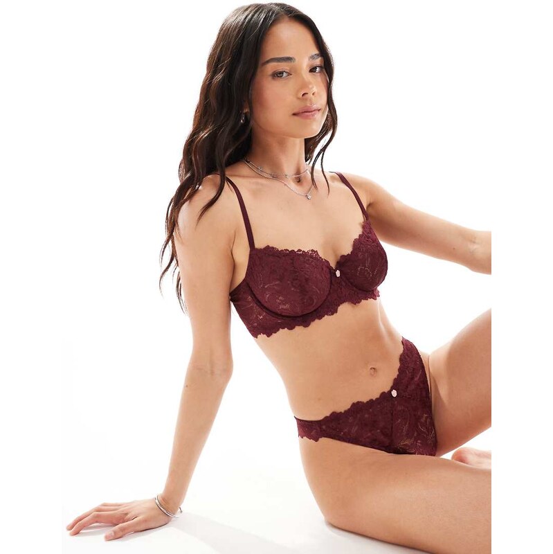 Lindex Lydia non padded balconette bra with rose detail in burgundy 109067336