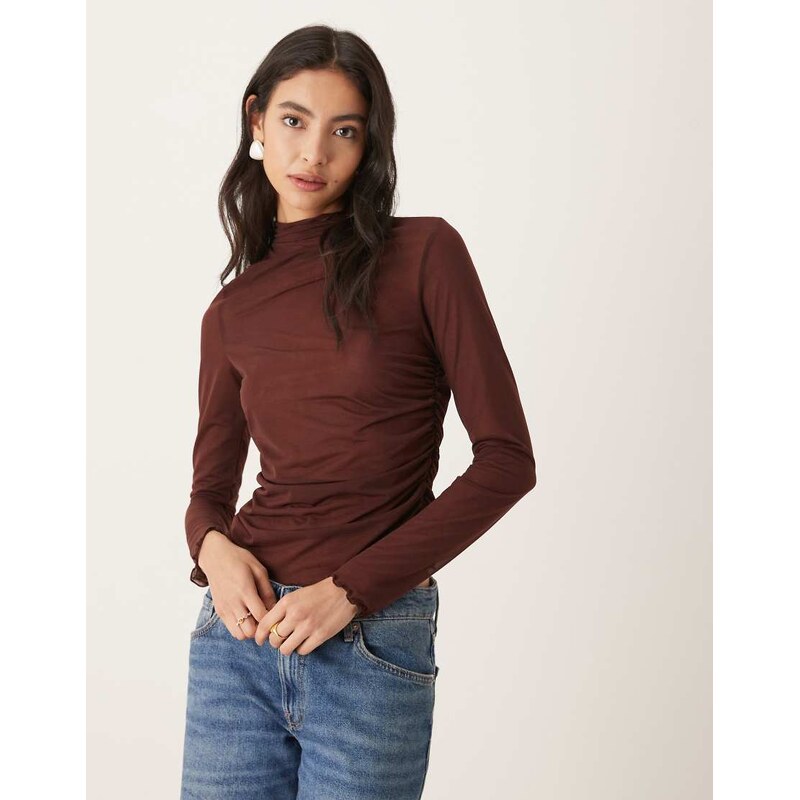 ASOS DESIGN high neck mesh semi sheer long sleeve top in chocolate-Brown