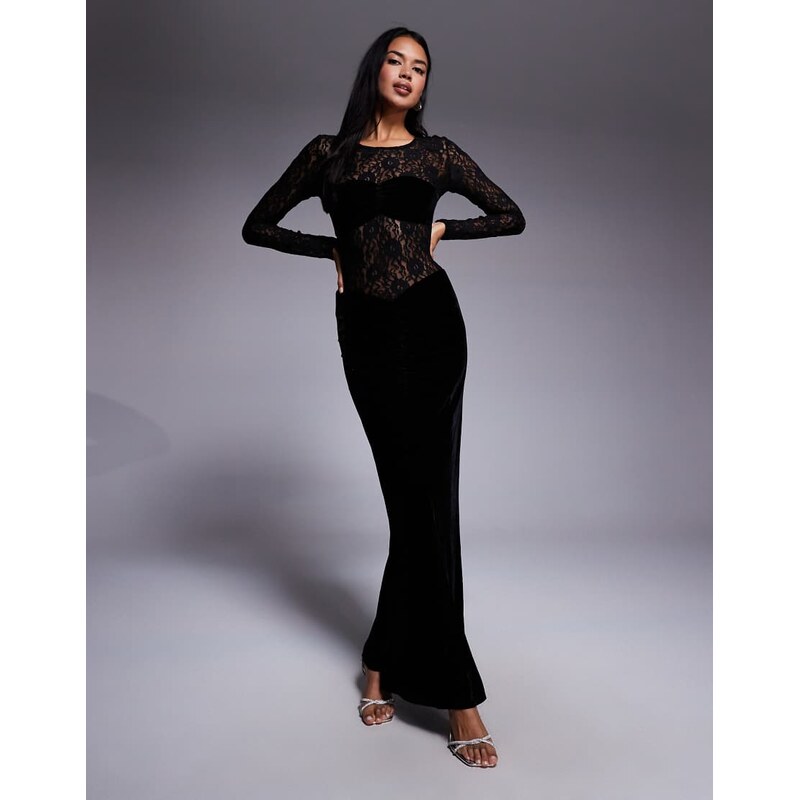 Bardot Helenie velour lace maxi dress in black