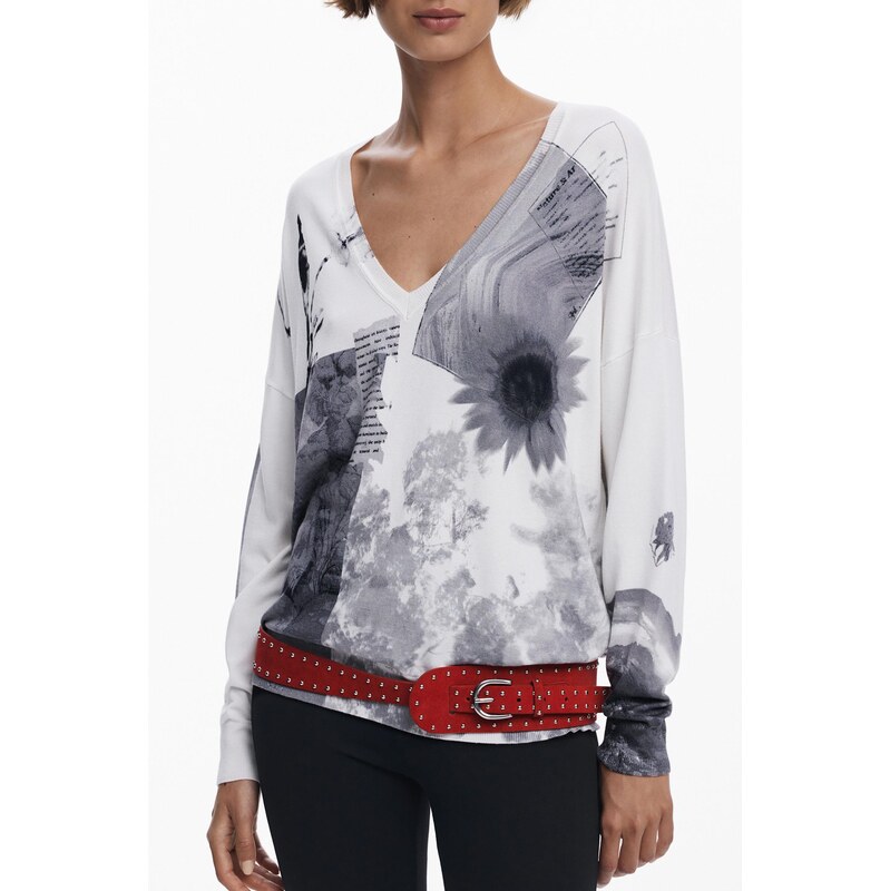 DESIGUAL Vzorovaný svetr s výstřihem do V 109069348