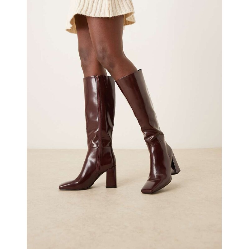 ASOS DESIGN Carrington metal plate heeled knee boots in burgundy-Red 109505711
