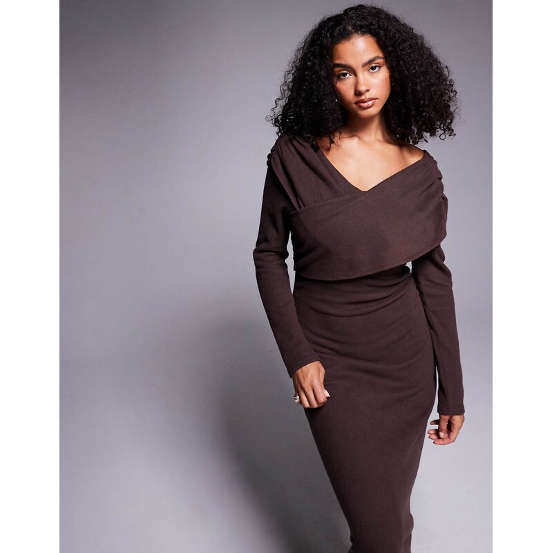 ASOS DESIGN supersoft wrap front midi dress in chocolate-Brown