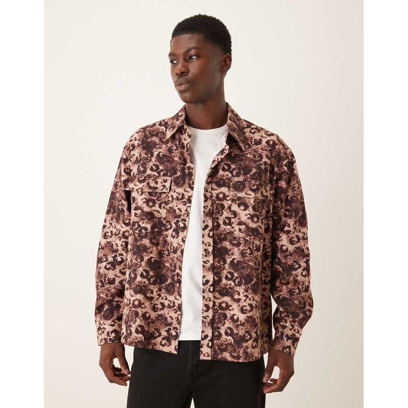ASOS DESIGN oversized fit leopard printed shirt with pocket detail in heavy twill-Brown
