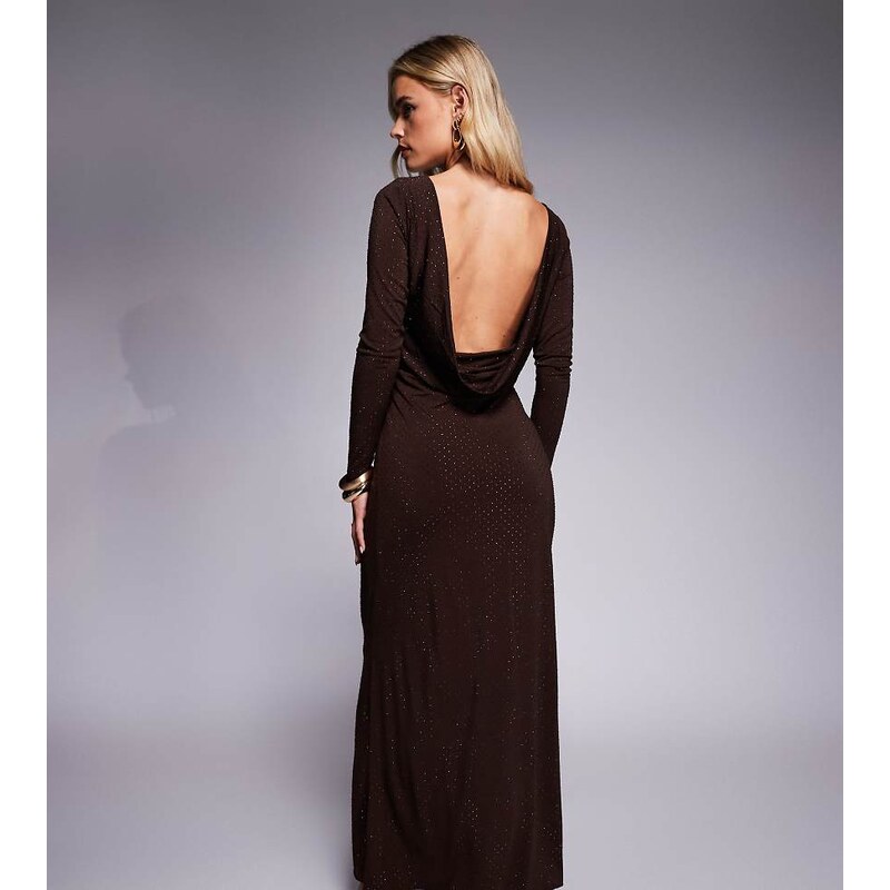 TFNC Petite long sleeve cowl back maxi dress in chocolate-Brown