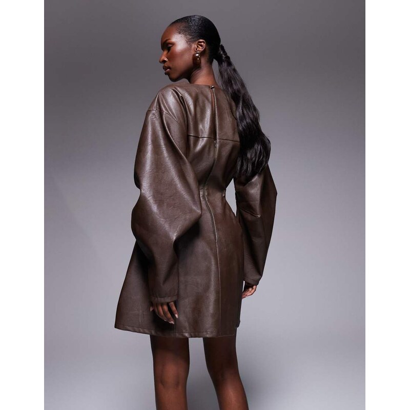 ASOS DESIGN structured pu cocoon sleeve seam detail mini dress in chocolate-Brown