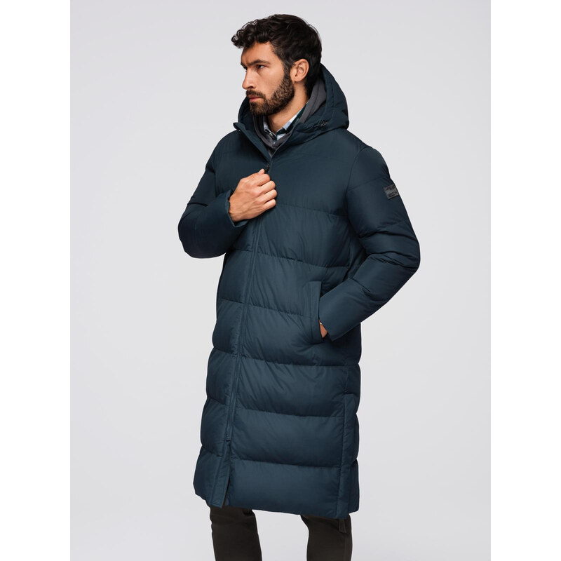 Ombre Classic mens long hooded jacket - navy blue