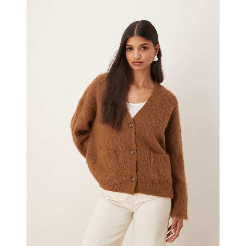 ASOS DESIGN knitted brushed boxy pocket cardigan in toffee-Red