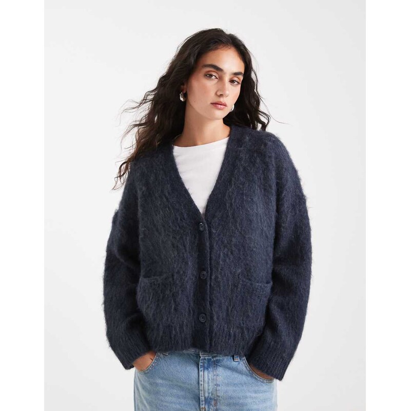 ASOS DESIGN knitted brushed boxy pocket cardigan in navy