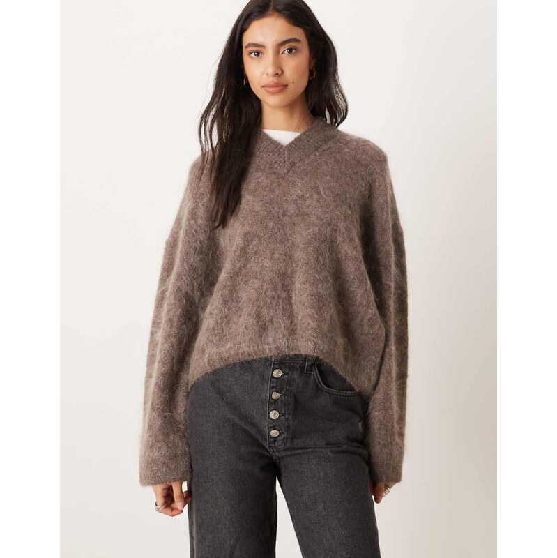 ASOS DESIGN premium mohair wide sleeve jumper with v neck in