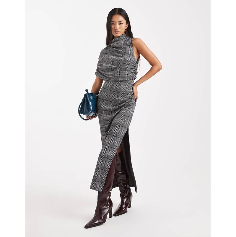 ASOS DESIGN asymmetric draped midi dress in check jacquard-Multi