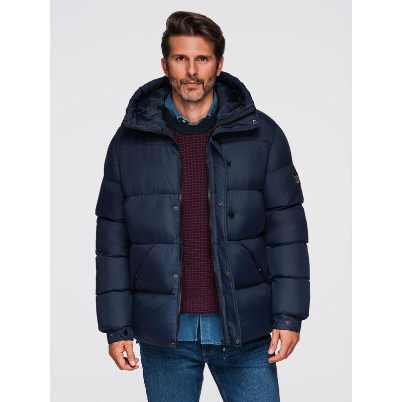 Ombre Mens quilted jacket with high zipped hood - navy blue