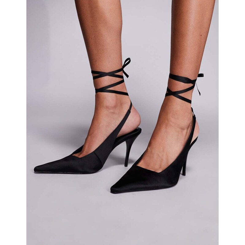 ASOS DESIGN Pascha tie leg detail high heeled shoes in black satin 113347079