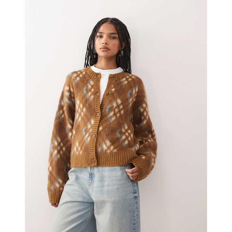 Reclaimed Vintage fluffy knitted cardigan in brown argyle print